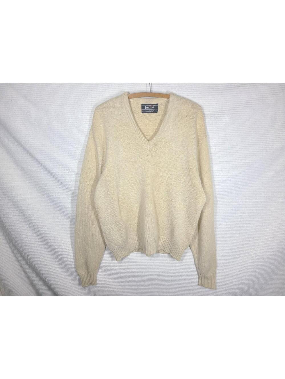 Vtg Mens Sweater Knit V Neck Jantzen 70% Wool Blend Large Beige Retro Neutral - Picture 2 of 9